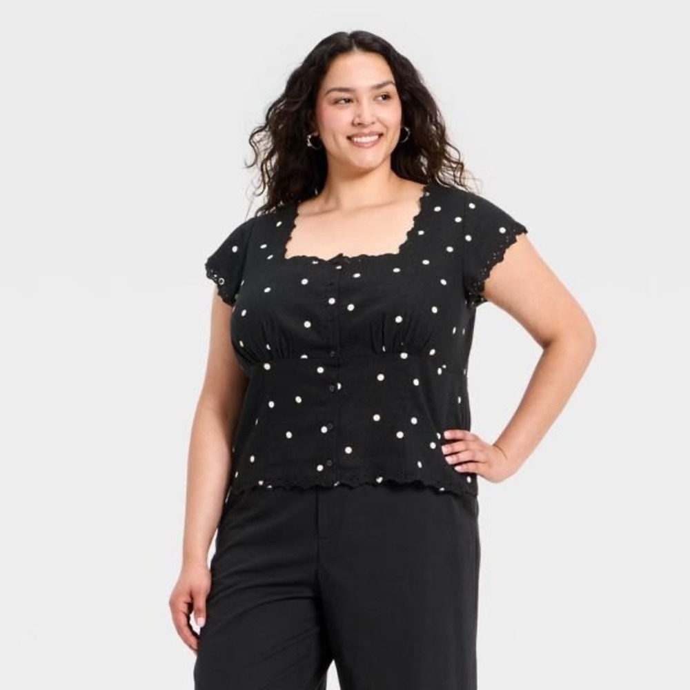 (CL) A New Day Black Polka Dot Linen Blend Scalloped Hem Eyelet Blouse Top XXL